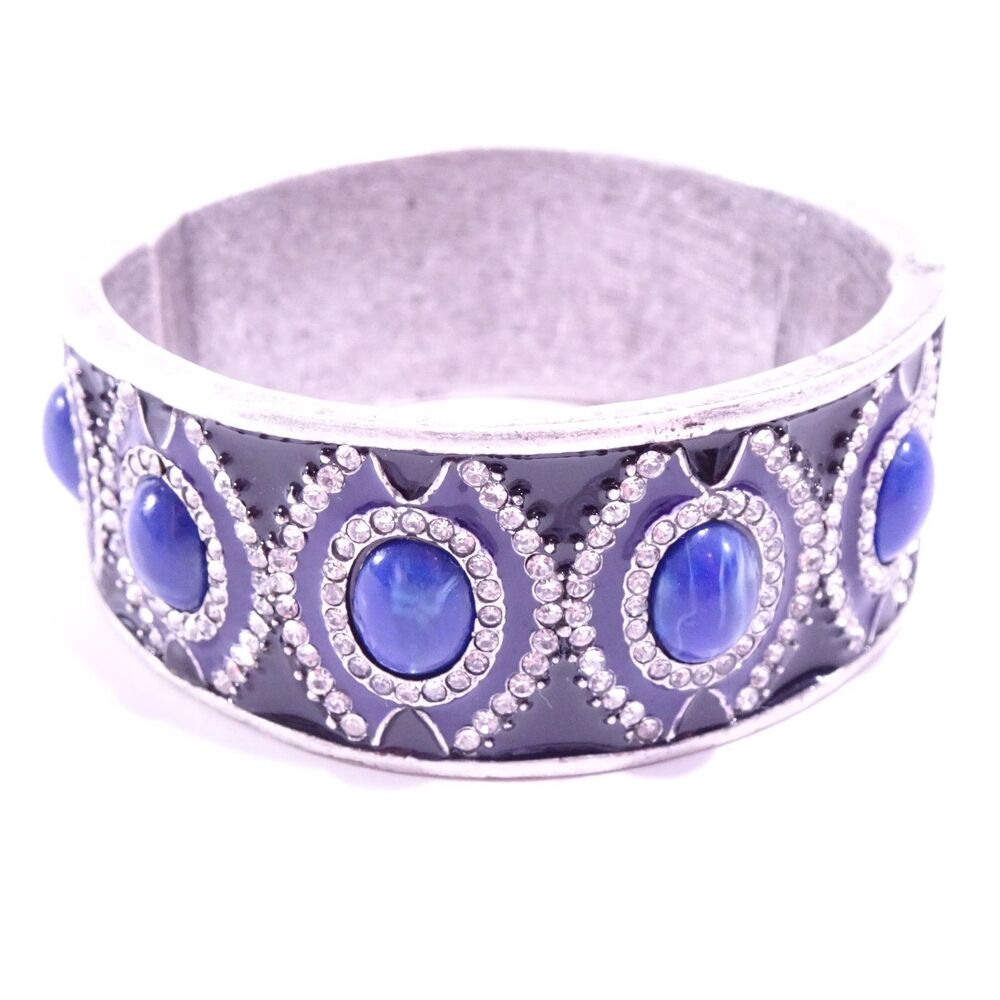 Designer Silver Onyx Enamel Lapis Blue Stone Crystal Cuff Bracelet NWOT 398 - Picture 3 of 5